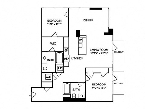 Floor plan for 2 beds, 2 baths, 1300 sqft